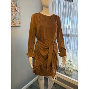 Pretty Garden Womens Dress - Caramel - S Silky Tie Front Office Business Work